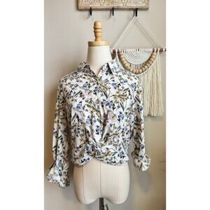 New York & Company Floral Button Down Crop Shirt sz M
